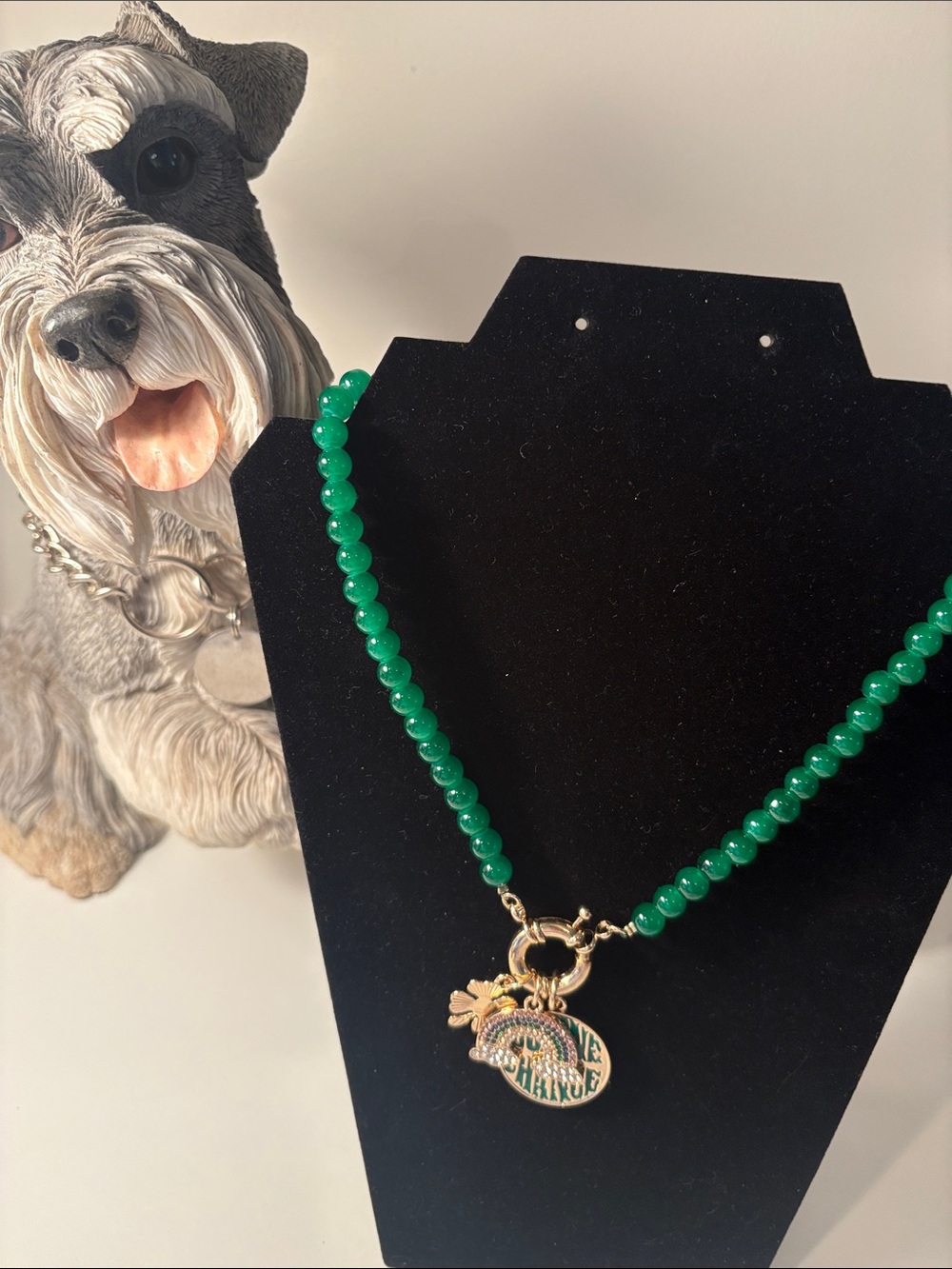 Plunder Green Beaded  necklace with shamrock related charms